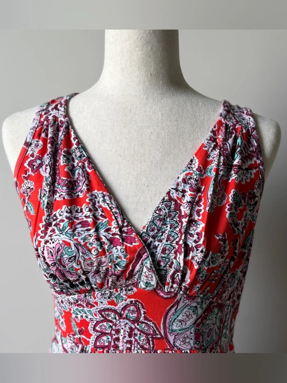 Loveappella Red Paisley Sleeveless V-Neck Boho Maxi Dress - Picture 2 of 6